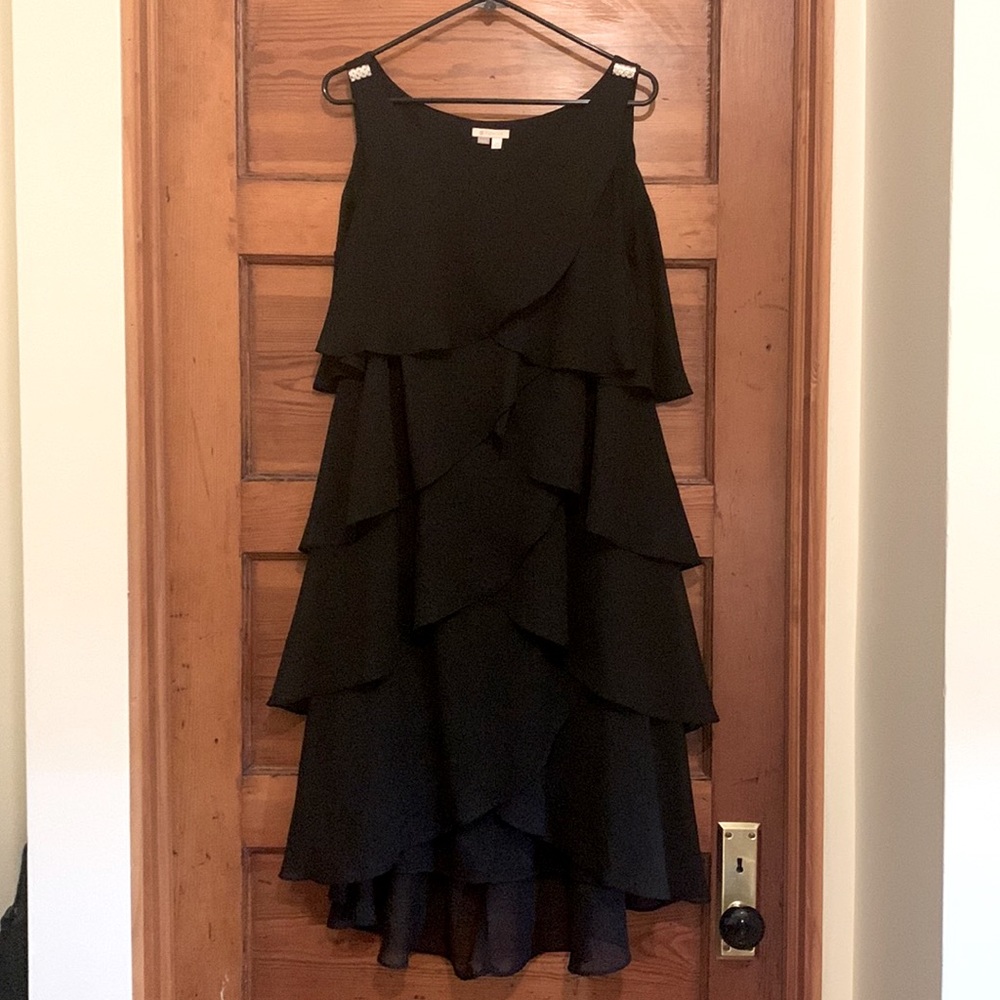 Dressbarn flutter high low black dress, size 14W